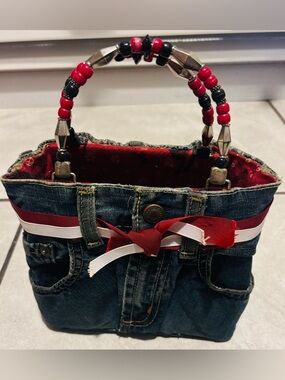Handmade Denim Bag with Red Beaded Handles